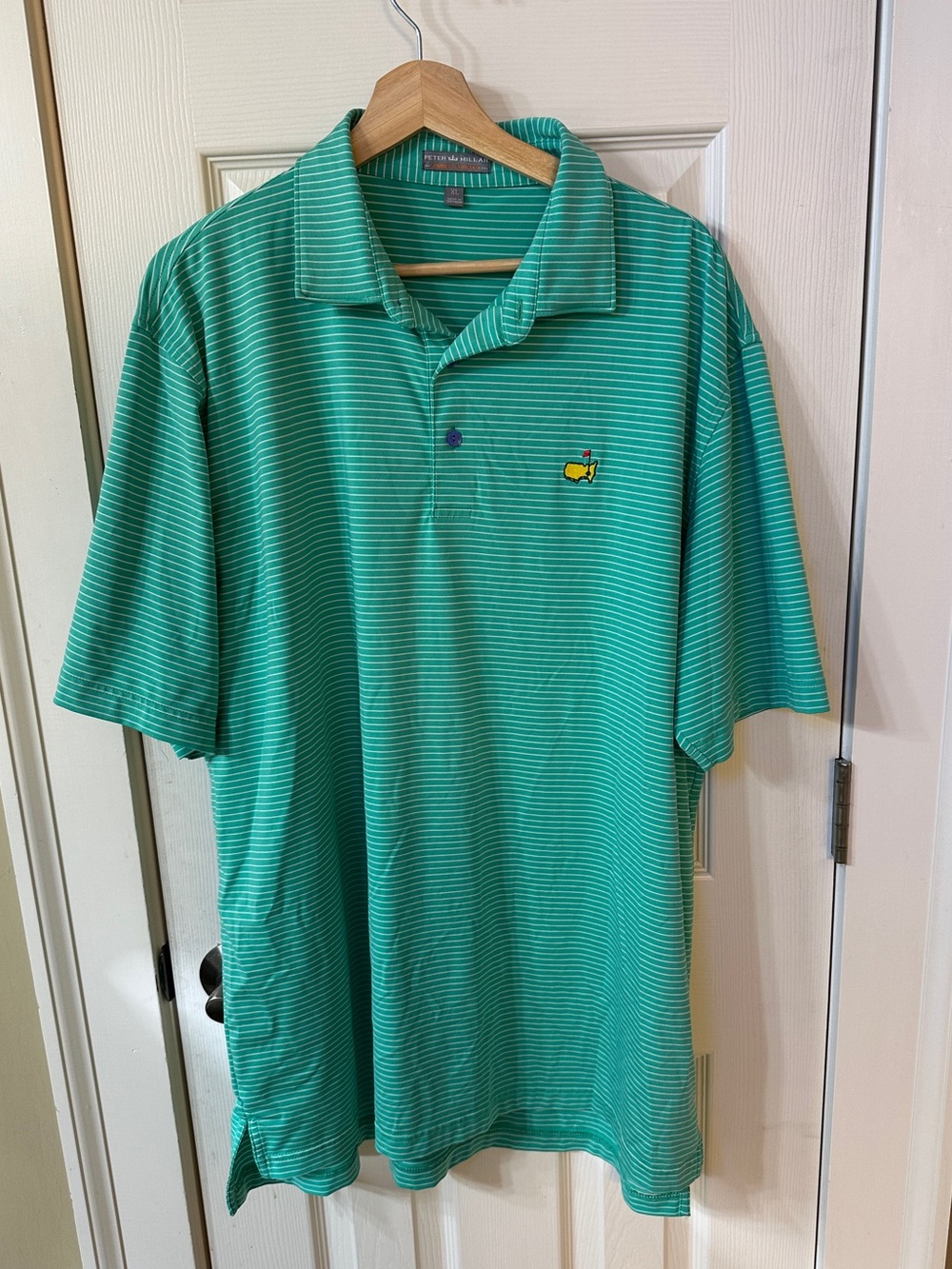 Peter Millar Mens Masters Polo Shirt Sz XL Golf Green White Thin Stripe Stretch